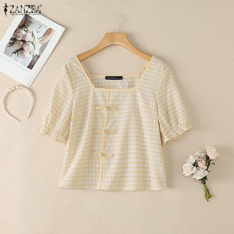 ZANZEA Women Square Collar Casual Short Sleeve Grid Print Blouse