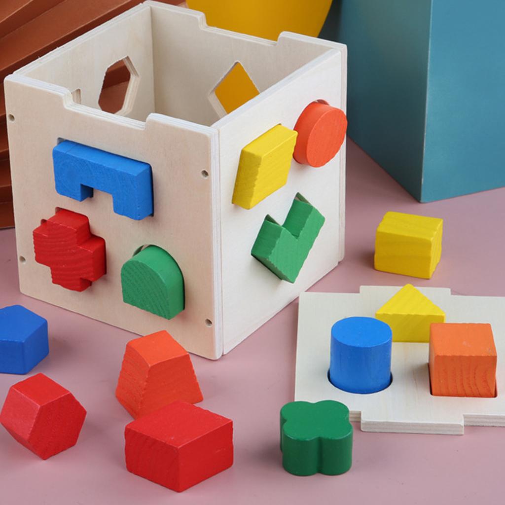 Wooden Kids Shape Sorting Toy 15 Holes Building Block Cube Box Geometric Shapes Matching Toy