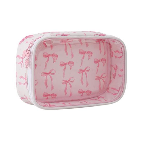Pink Bow Makeup Bag Portable Cosmetic Pouch with Transparent Window Zippered Travel Cosmetic Organizer for Business Trip Vacation