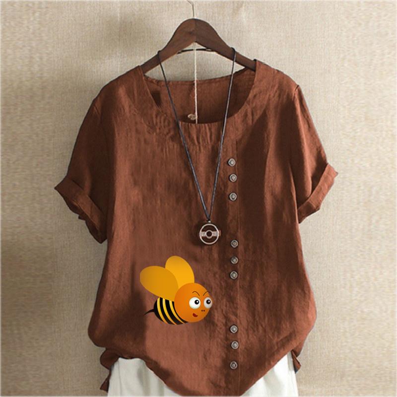 Women's Fashion Round Neck Short Sleeve T-shirt Casual Cotton Linen Graphic Shirt Leisure Loose Honeybee Prined Summer Blouse Tops