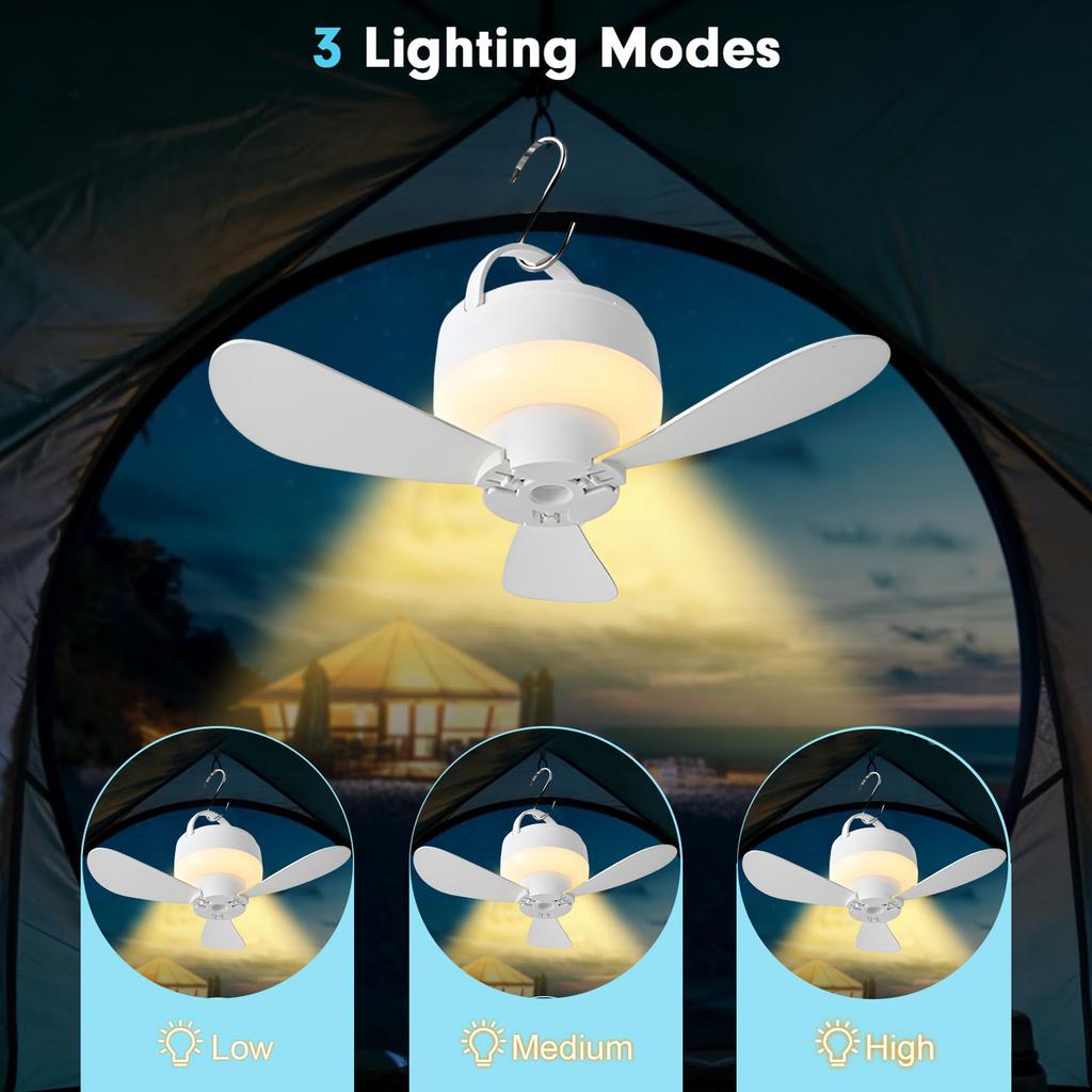 Outdoor Camping Fan Portable Ceiling Fans Tent Ventilator Cooler Rechargeable Electric Fan Remote Control LED Lighting 5 Speeds