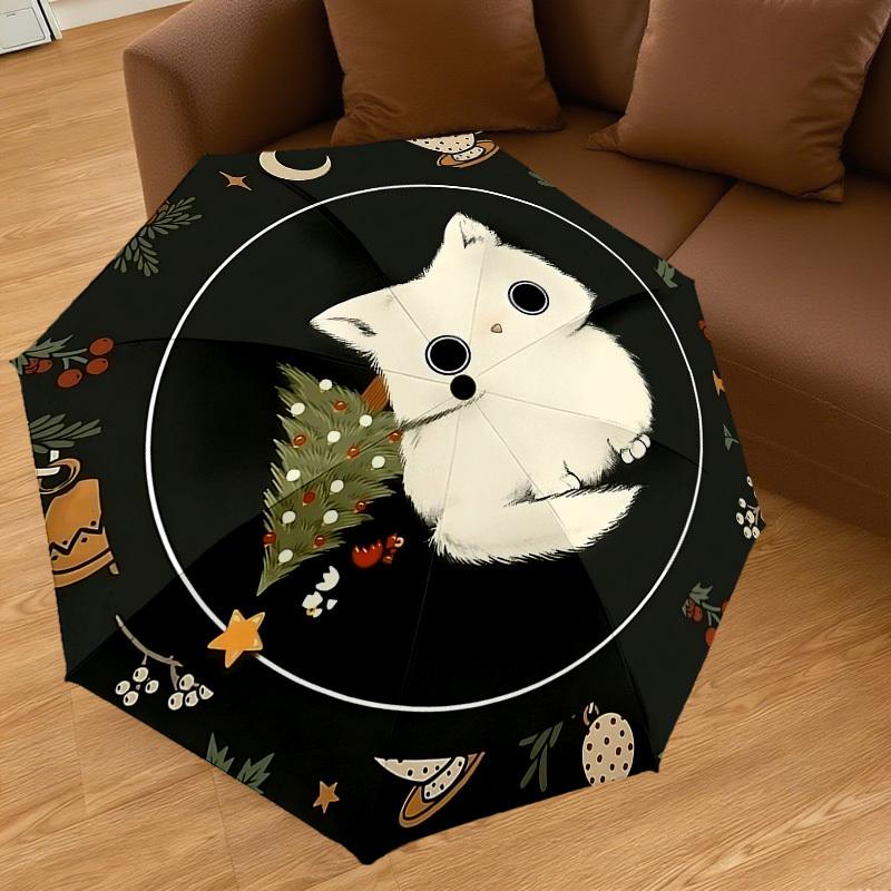 1PC cat, Christmas Automatic Open/Close Umbrella with Windproof, 8-Rib Sturdy Canopy, Durable Ribs, Fashionable Design, Outdoor Accessory, Fun Prin, H