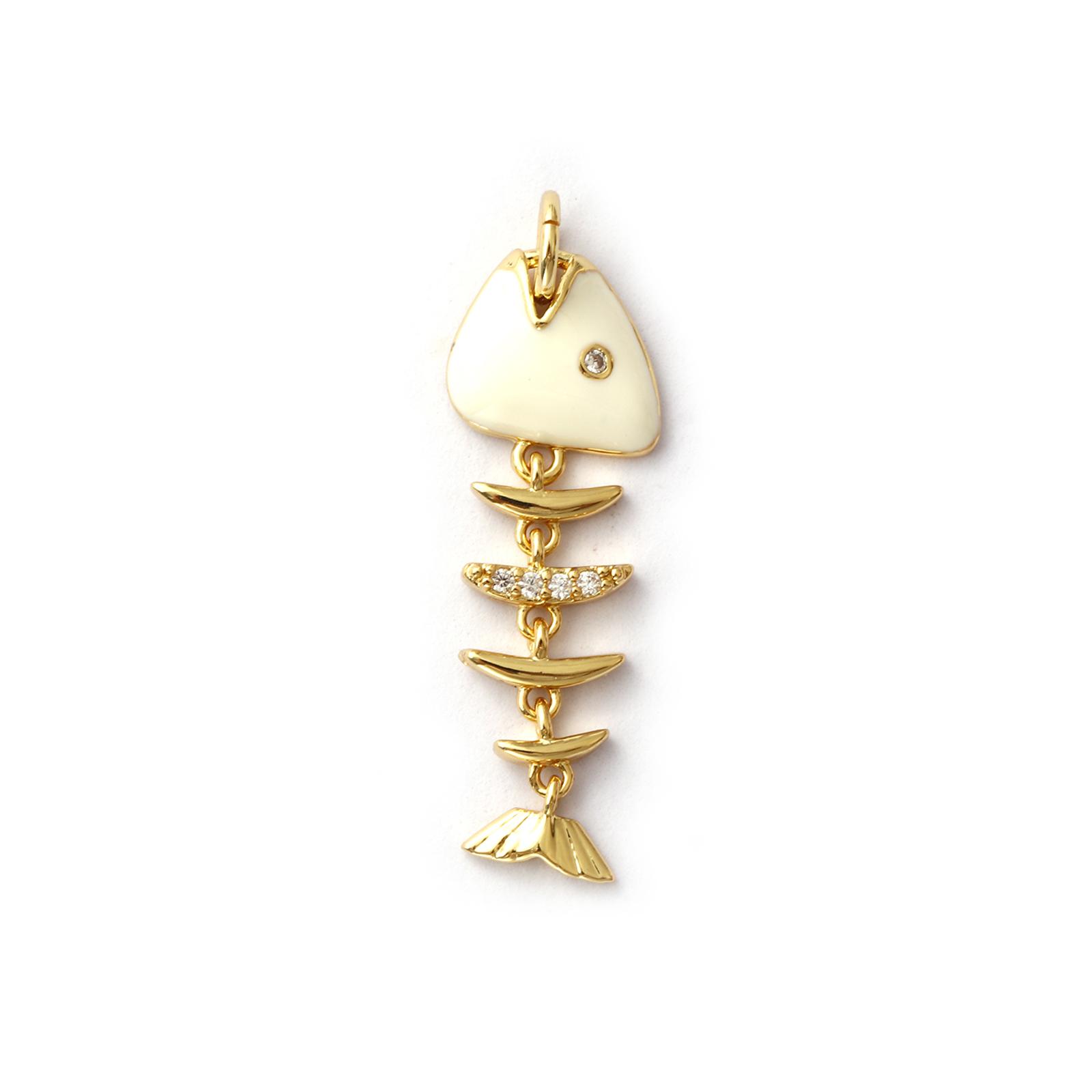 

1 PC Brass Fish Bone Ocean Jewelry Pendants 18K Gold Plated Enamel Fish Movable Clear Cubic Zirconia Charms Findings 3.1cmx1cm белый