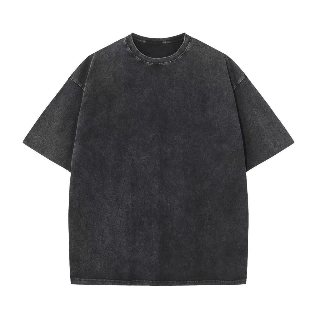Retro Streetwear 230G Pure Cotton Distressed Men's T-shirt, Solid Color, Loose Fit, Short Sleeve
