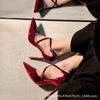 French New Cross Word with Bag Head Sandals Thin Heel Pointed Royal Sister Sexy Red Sole Black High Heels Temperament
