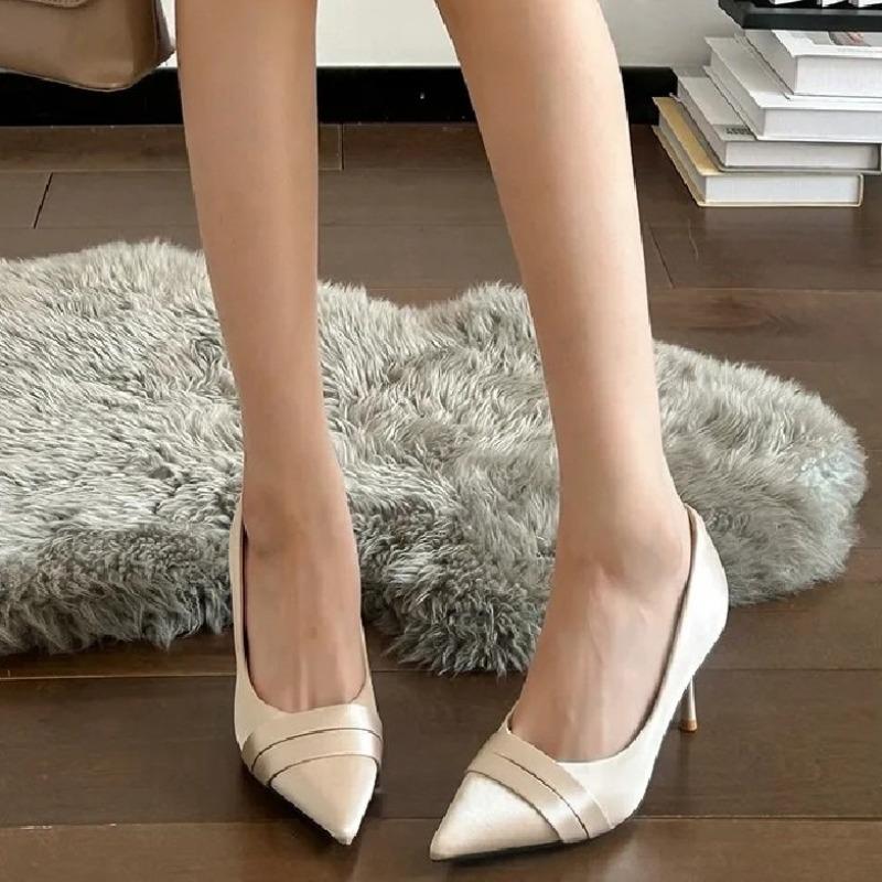 2025 New Women's Fashion Slim Heel Shoes Spring New Pointed Head Shallow Mouth Satin Anti-slip Wear-resistant High Heels