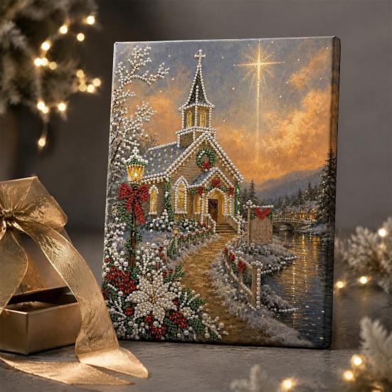 Faux Pearl Painting for Adults Christmas Church Art Kit, DIY 15.75 Easy X 11.81 Inch Beginners Craft Adults, Relaxing Home Decor Sparkling Gemstone