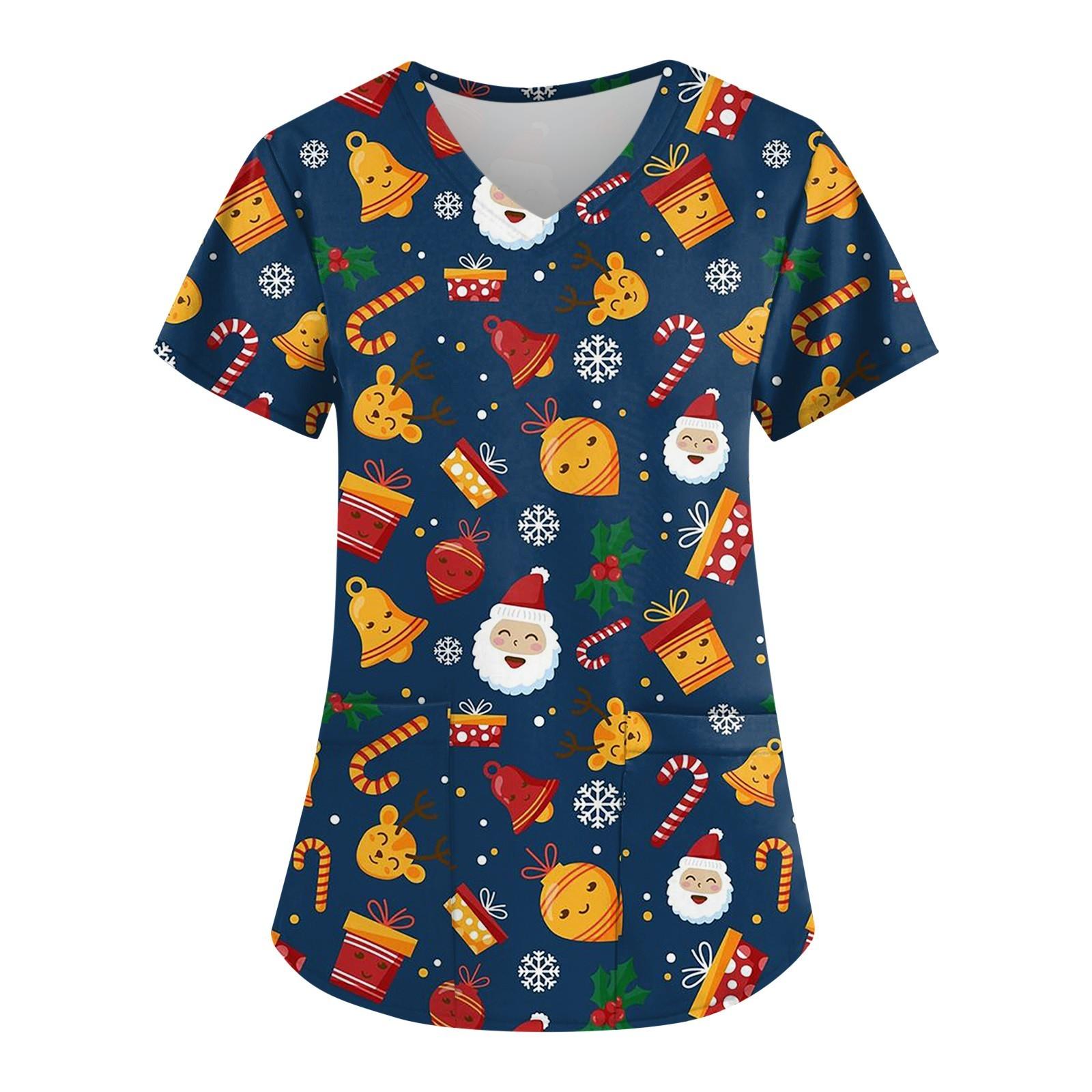 

Женская мода с рождественским принтом и короткими рукавами с v-образным вырезом, маленькая рабочая футболка с карманами XXXXL тёмно-синий