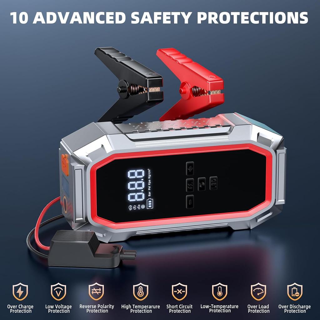 5000A Jump Starter with Air Compressor, 160PSI, 12V Portable Jump Box, LCD Display, LED Light, Jumper Cables