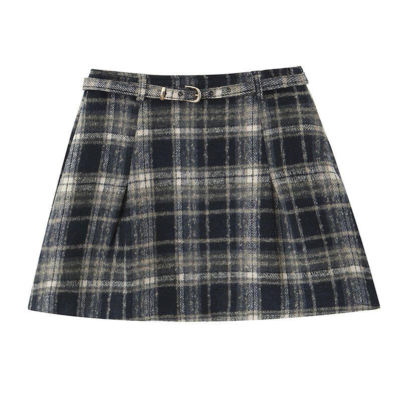 

Young Adult Series Planet American Retro Preppy Style Plaid with Belt Skirt High Waist Slimming All-Matching A- line Skirt Plaid L