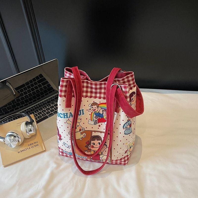 

Cute Cartoon Canvas Bag Women 2025 New Large Capacity Single Shoulder Bucket Bag Niche Casual All-matching Tote Bag Red
