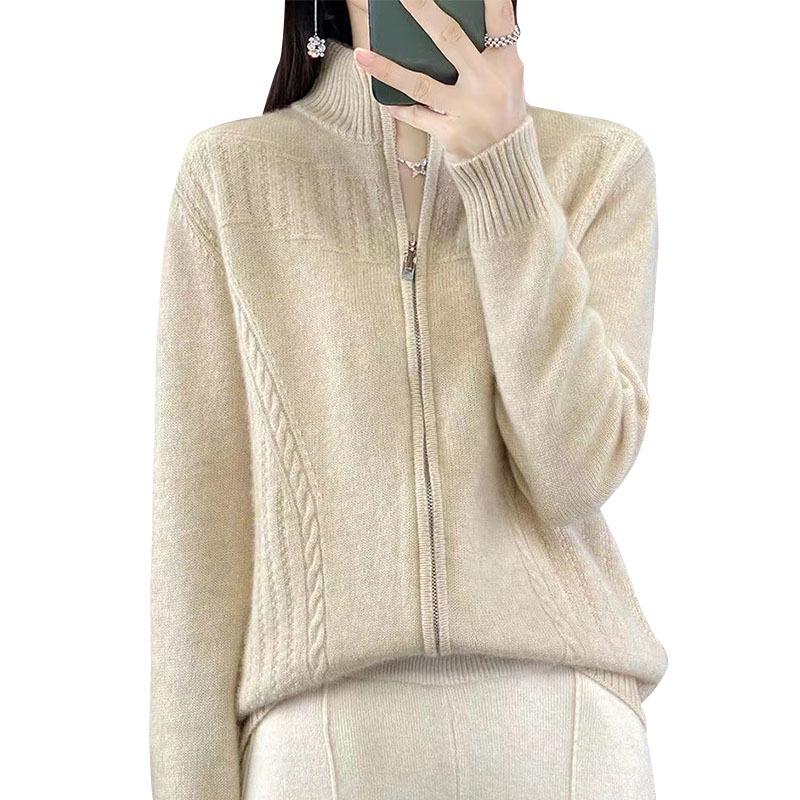 2024 Women's Retro Zipper Cardigan: Autumn Winter Loose Knit Semi-High Neck Sweater
