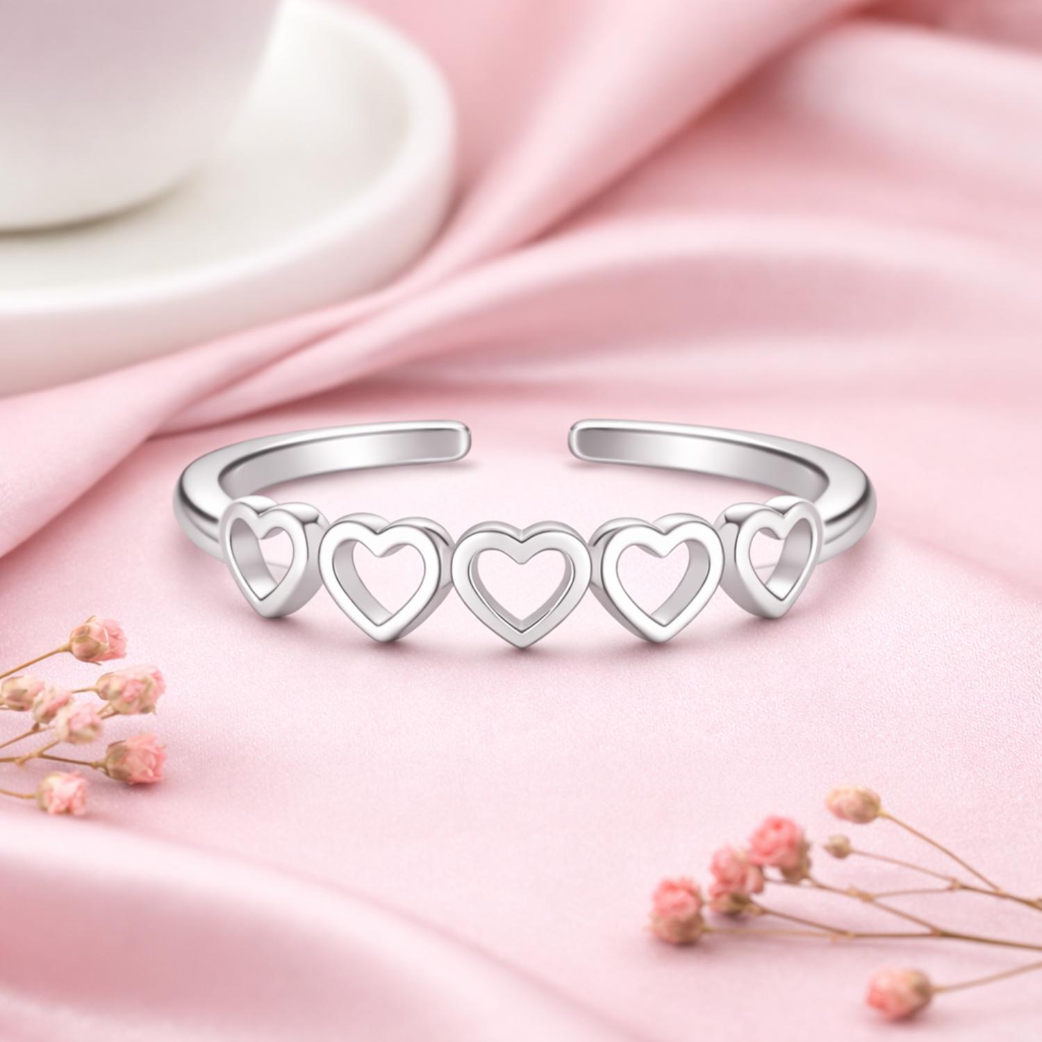 Multi Heart Adjustable Open Ring – 925 Sterling Silver 12 белый