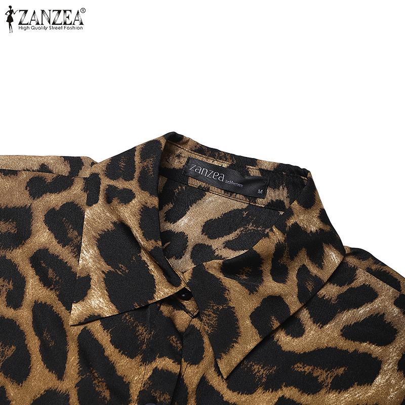 ZANZEA Women Casual Turn Down Collar Summer Short Sleeve Leopard Print Dress