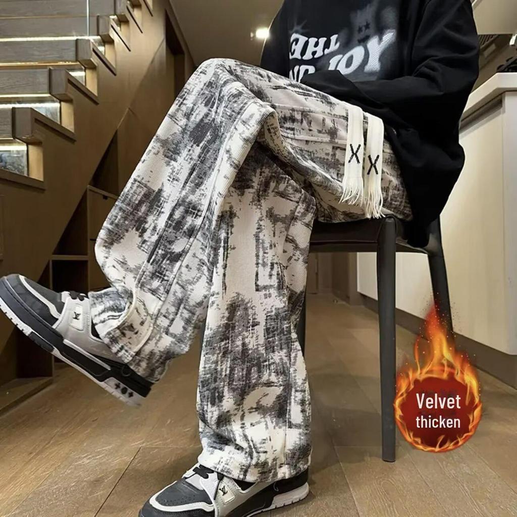 Men's Autumn Tie-Dye Loose-Fit Retro Straight Pants with Velvet
