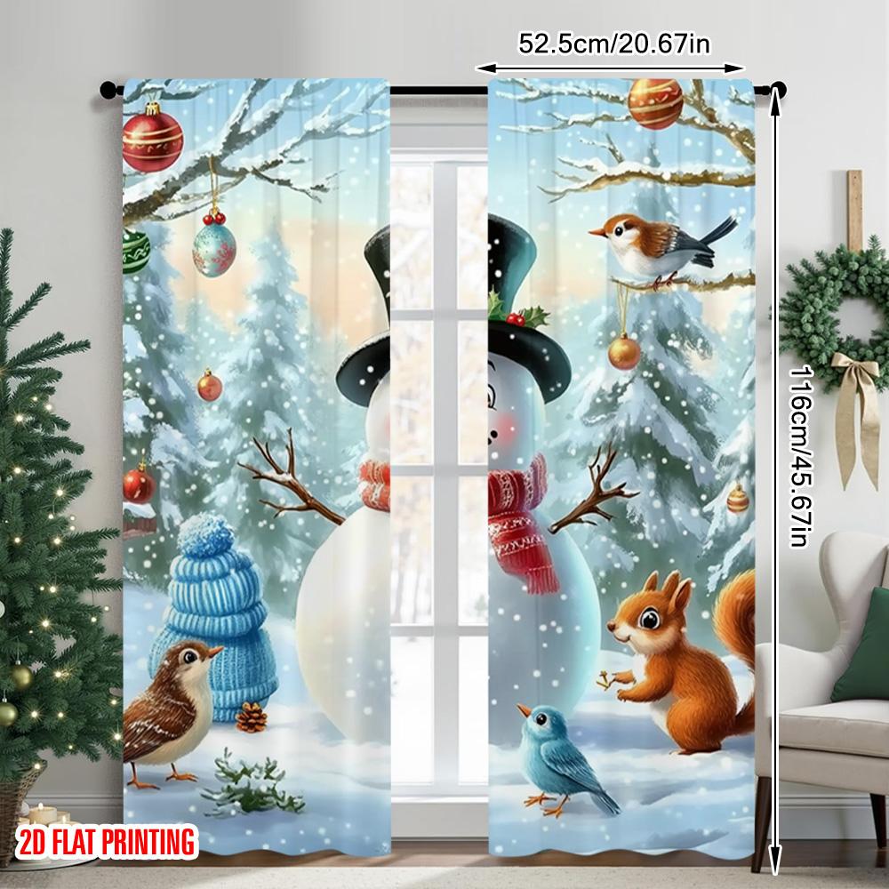 Set Of 2 Flat Printing Merry Christmas Curtains Winter Snowman Versatile Durable Polyester Without Electricity Festive Curtain