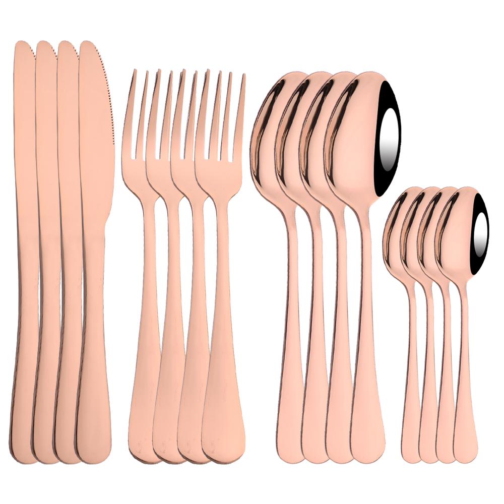 Pink Gold Cutlery Set Stainless Steel Dinnerware Set 16Pcs Knives Forks Coffee Spoons Flatware Set Kitchen Dinner Tableware Set