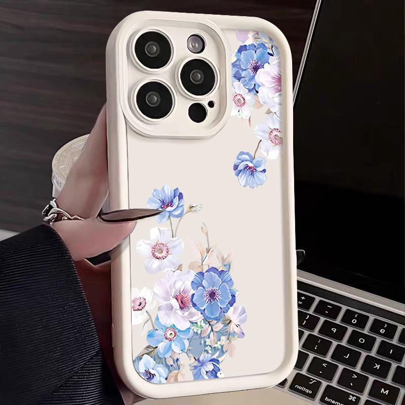 

Простой синий цветочный принт противоударный матовый чехол для телефона TPU для iPhone 16 Pro 15 Pro Max 14 Plus 13 12 11 XR XS 8 7 защита объектива мягкая задняя крышка iPhone 14 бежевый/белый