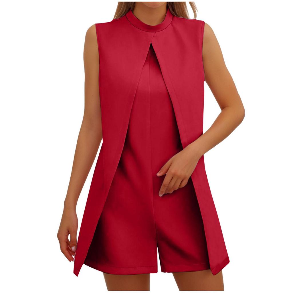 Combinaison courte sans manches à col rond pour femme, couleur unie