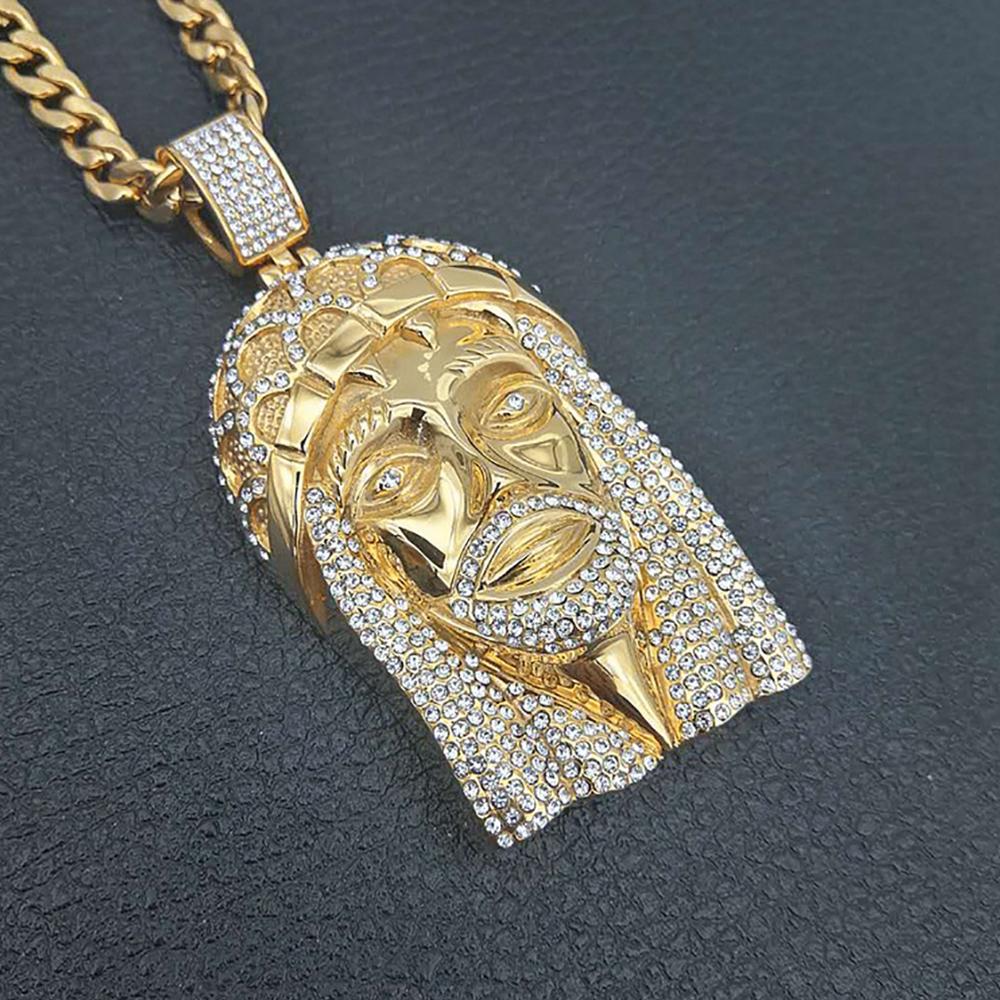 Hip Hop Iced Out Big Jesus Head Pendant Necklaces Male Gold Color Stainless Steel Christian Necklace for Men Jewelry Gift