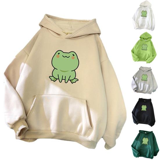 Unisex Hoodie Solid Color Frog Pattern Autumn Winter Korean Style Warm Sweatshirt for Daily Wear