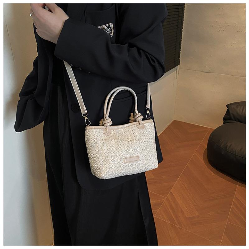 Summer Vacation Style Woven Rope Handled Beach Tote Bag Trendy Rattan Basket Shoulder Crossbody Bag