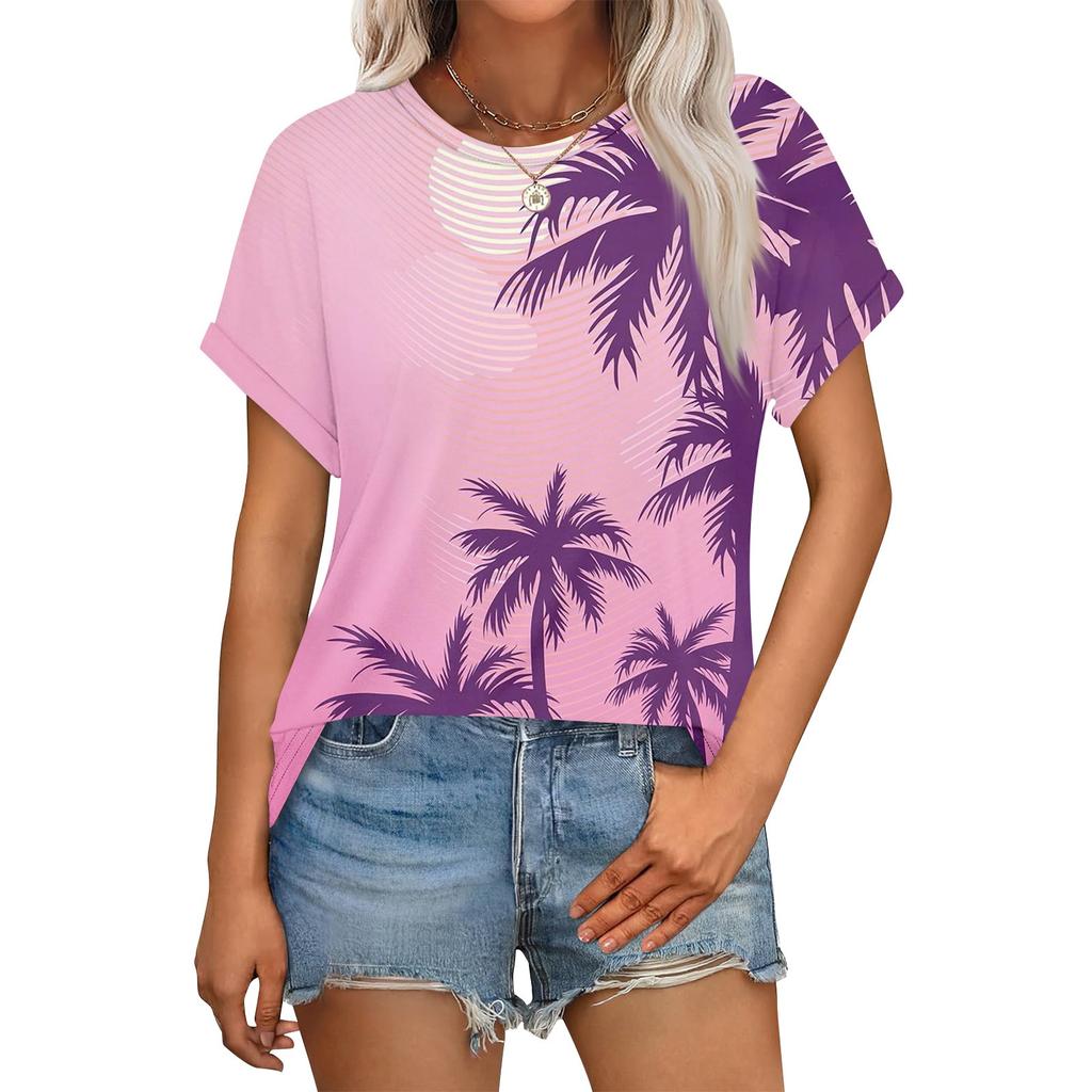 Women's Casual Fashion Round Neck Rolled Hem Short Sleeve Floral Top