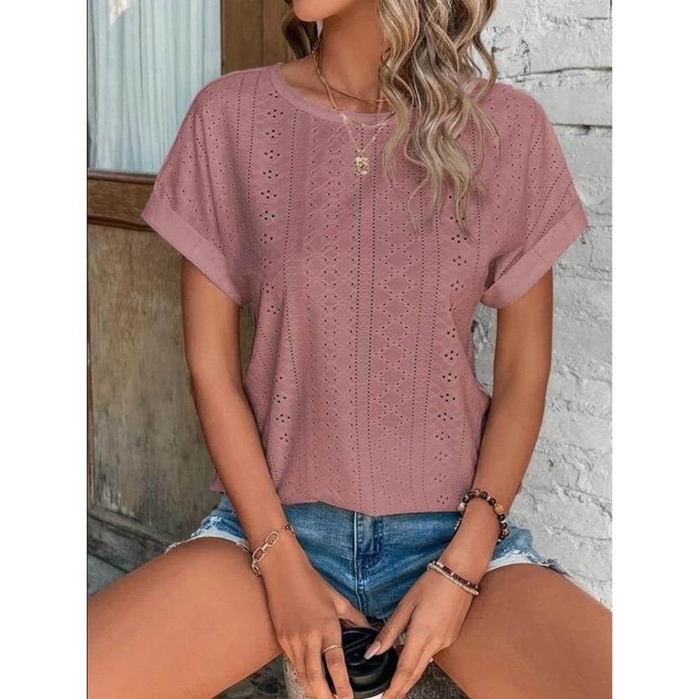 Top Eyelets Summer Spring Curved Hem, Casual Women's Short Sleeved Fashionable T-shirt Beach Vacation Short Style