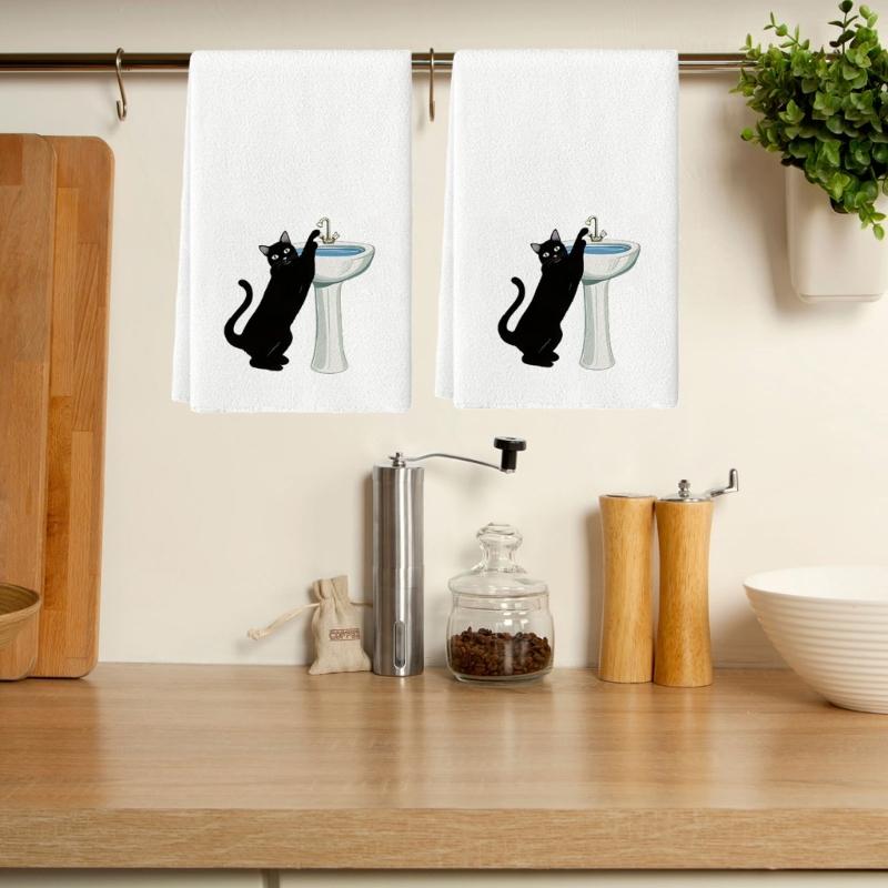 Set of 2 Decorsative Cats Themed Kitchen Towels Quick Drying Dishcloths Hand Towel For Countertop Decors Practical Use