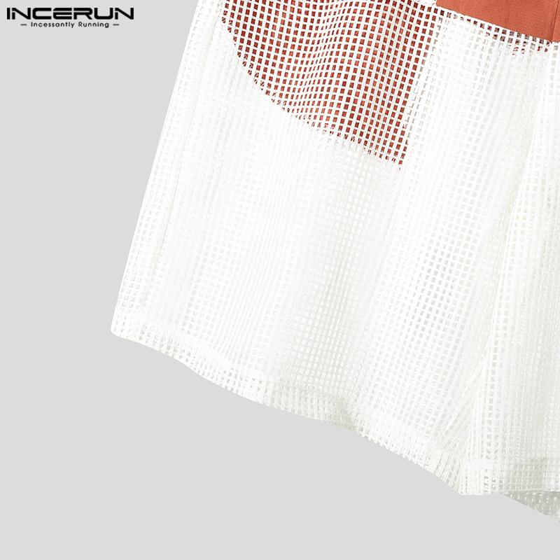 INCERUN Men Zip-up Waist Mesh Sheer Patchwork Hollow Pants Shorts Home Wear