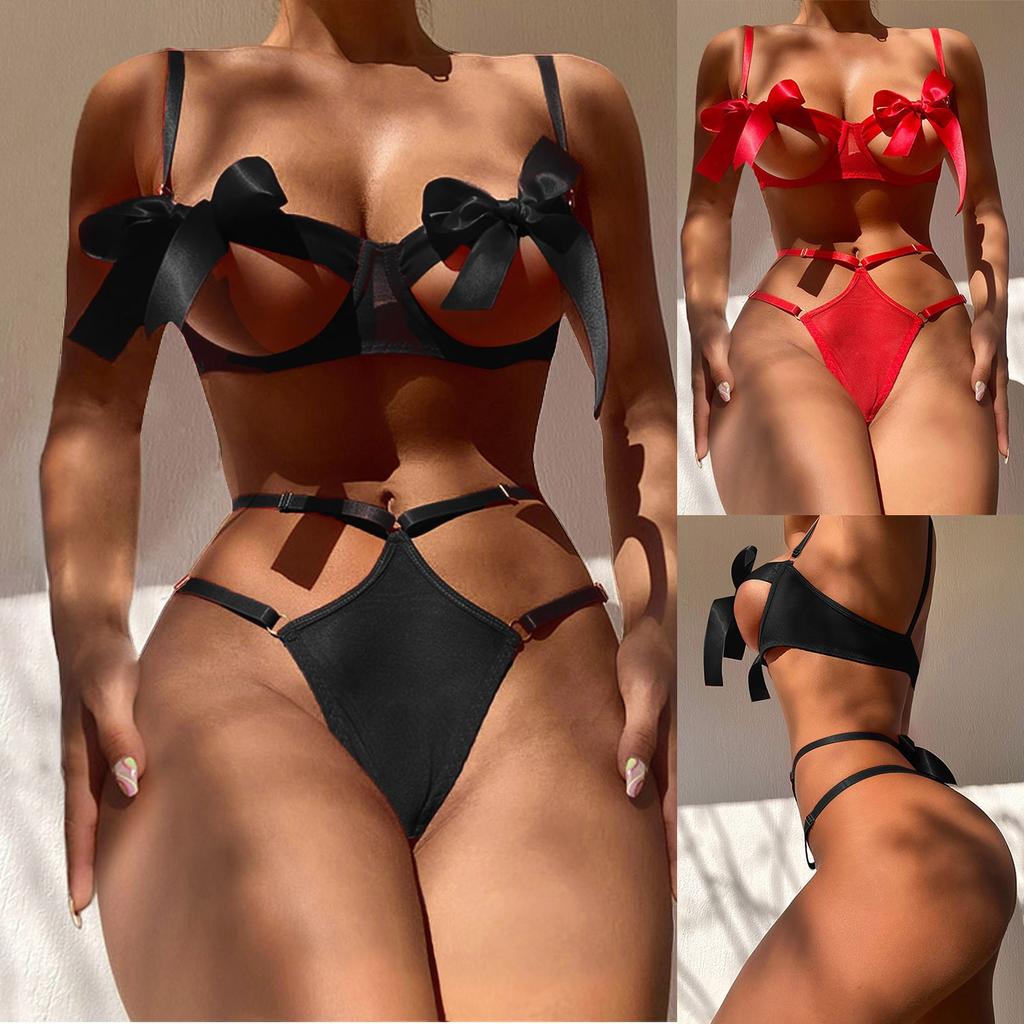 Women's Sexy Solid Color Lace Bow Leakage Two-piece Underwear Set With Steel Ring