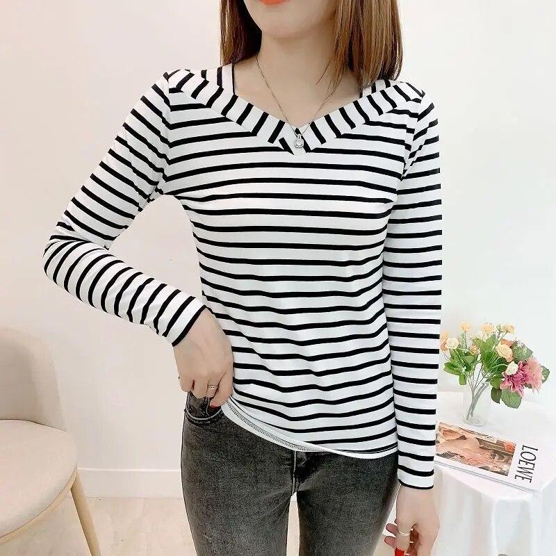 95 Cotton Long Sleeved Striped T-shirt Women's Fashion Spring Autumn New V-neck Bottoming Blouse