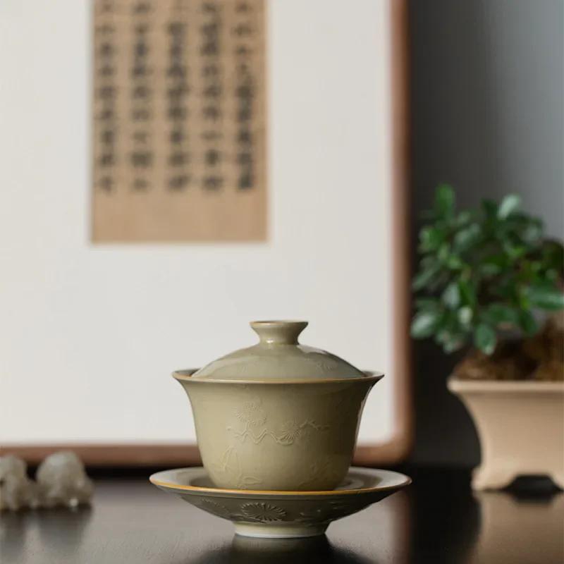 Ding Ware Yellow Sancai Gaiwan Tea Cup Cold Three Friends Not Hot Tea Bowl Single Large Size Kung Fu Tea Tea Maker