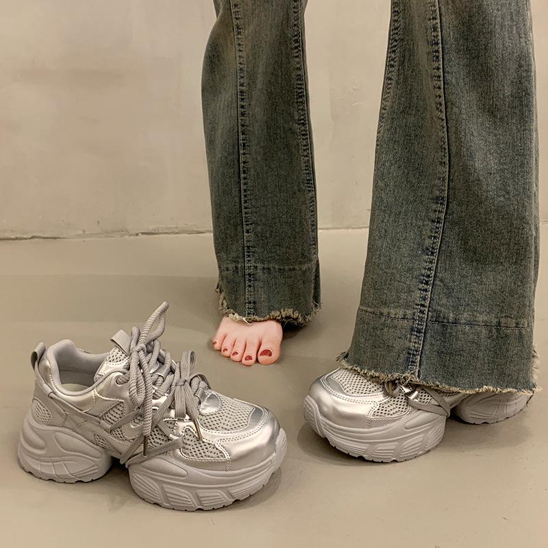 Popular Versatile Thick-soled Dad Shoes for Women and Small People Increase In Height 2025 New Summer Breathable Mesh Casual Sports Shoes