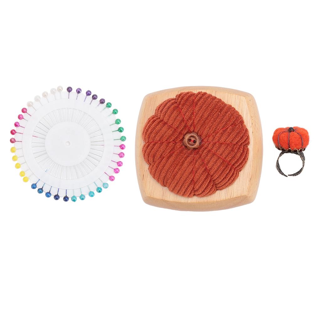 Pin Cushion Kit Cute Pumpkin Shape Pin Cushion Wooden Base with Finger Ring Pincushions Sewing Pins
