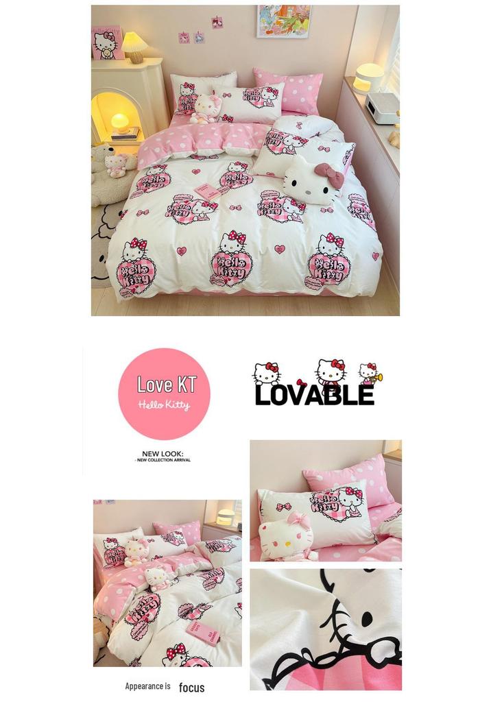 Hello Kitty All-Cotton Cute Cartoon Girl Fitted Sheet & Duvet Set - 4-Pc Dorm Style