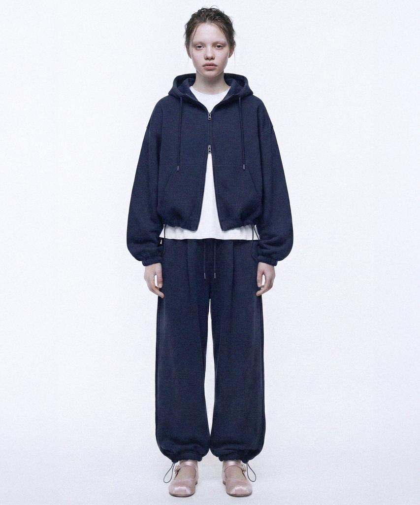 Prinoar [Set] String Oversized Two-Way Zip-Up Hoodie + Single-Pleat Wide Pants - Navy