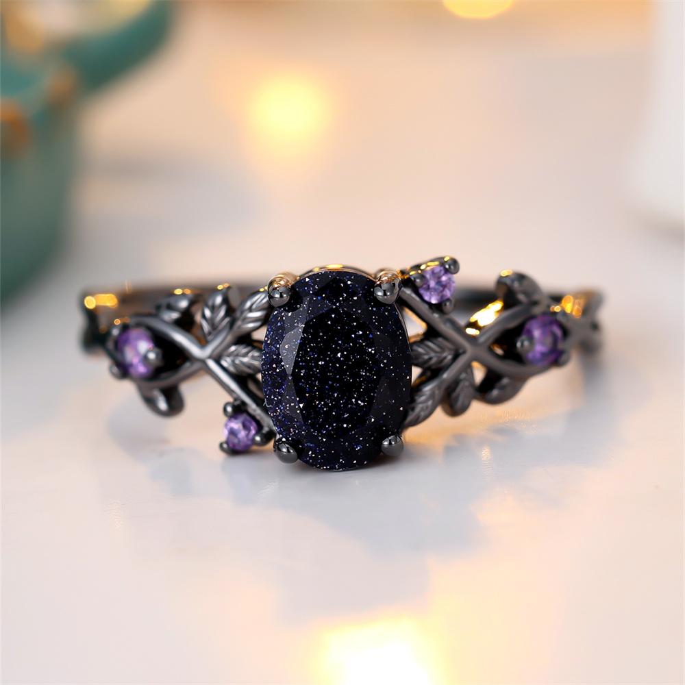 Oval Stone Blue Crystal Purple Zircon Rings For Women Vintage Black Metal Engagement Ring Wedding Jewelry Bridal Birthday Gifts