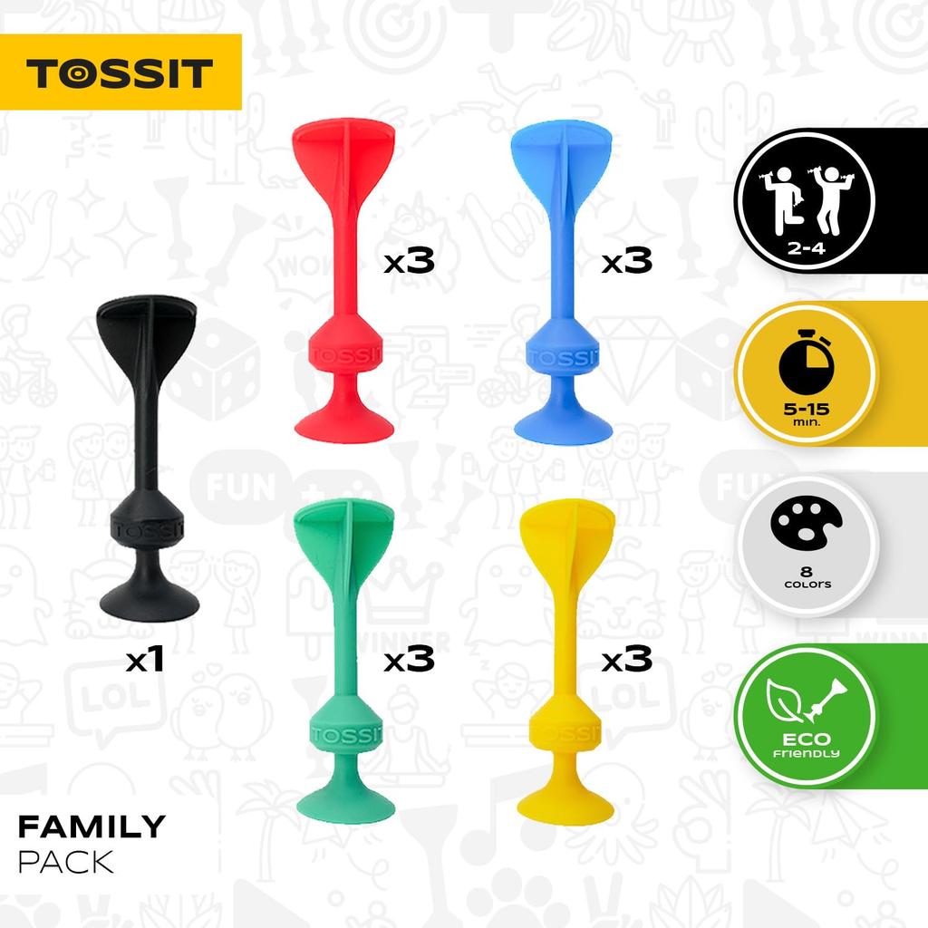 TOSSIT Game Set Suction Cup Throw Party Game Family Friendly Friend Pack 4 Light and Yellow Portable – Indoor/Outdoor – – Colors Red, Cyan, Blue, –