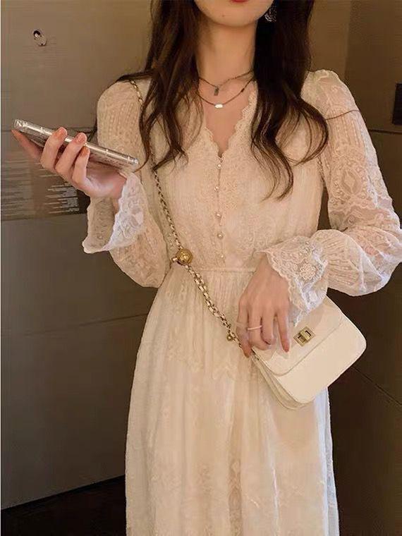 2023 European White Lace Long Sleeve Slimming Spring Dress for Women
