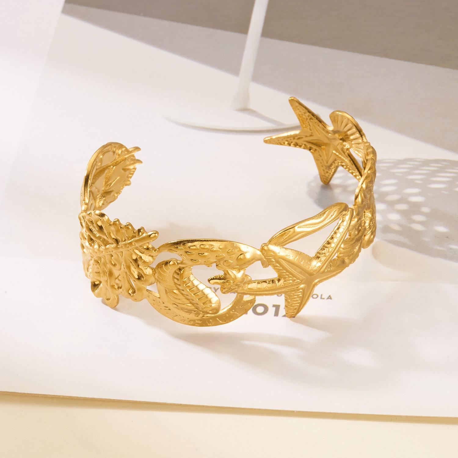 

Chunky Starfish Leaves Stainless Steel Cuff Bracelet for Women High Polished Gold Plated Wide Bangle Summer Party Jewelry Gift
