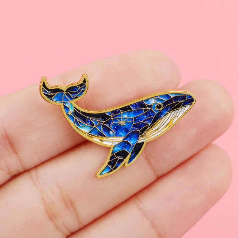 Enamel Whale Brooch Pins Colorful Mosaic Pattern Golden Edge Trim For Backpack Jackets Ocean Lover Gifts