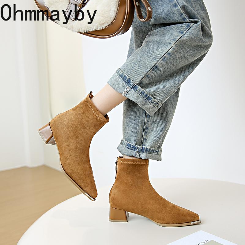 Autumn Winter Design Women Ankle Boots Sexy Thick High Heels Metal Pointed Toe Shoes Modern Short Botas Para Mujer