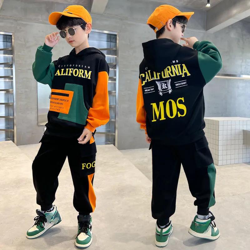 

Весенний детский пуловер для мальчиков-подростков, комплект из 2 предметов одежды, толстовка с буквенным принтом и штаны, детский спортивный костюм 110 чёрный