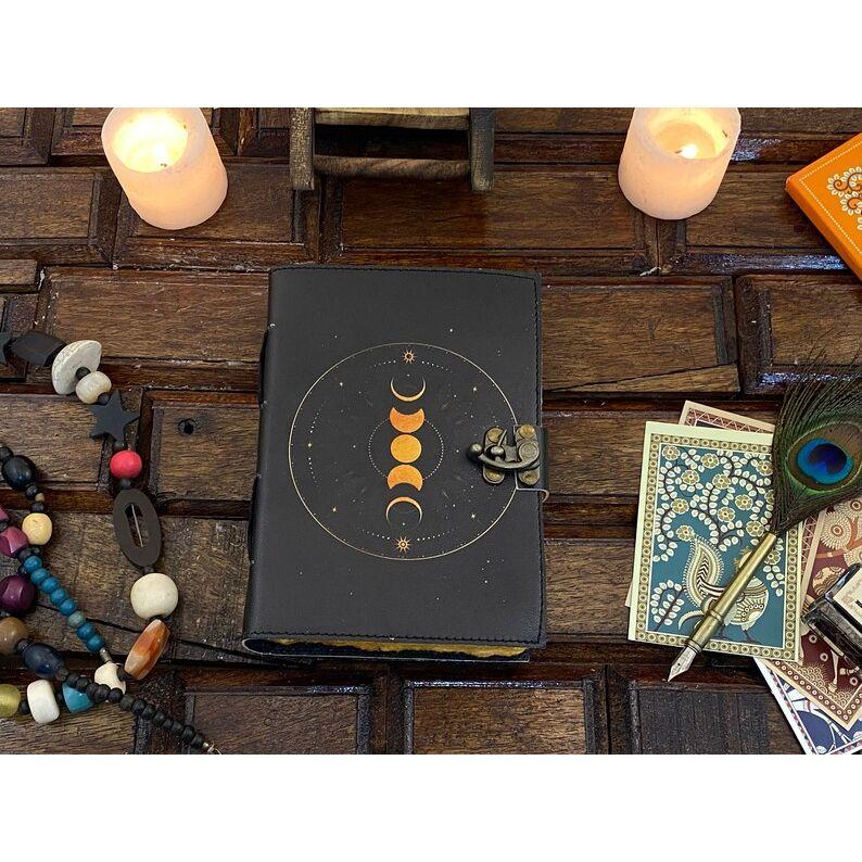Moon Phase Leather Journal Notebook - Book of Shadows Handstitched Journal Grimoire Journal Handmade Journal With Deckle Paper Brass C Lockc