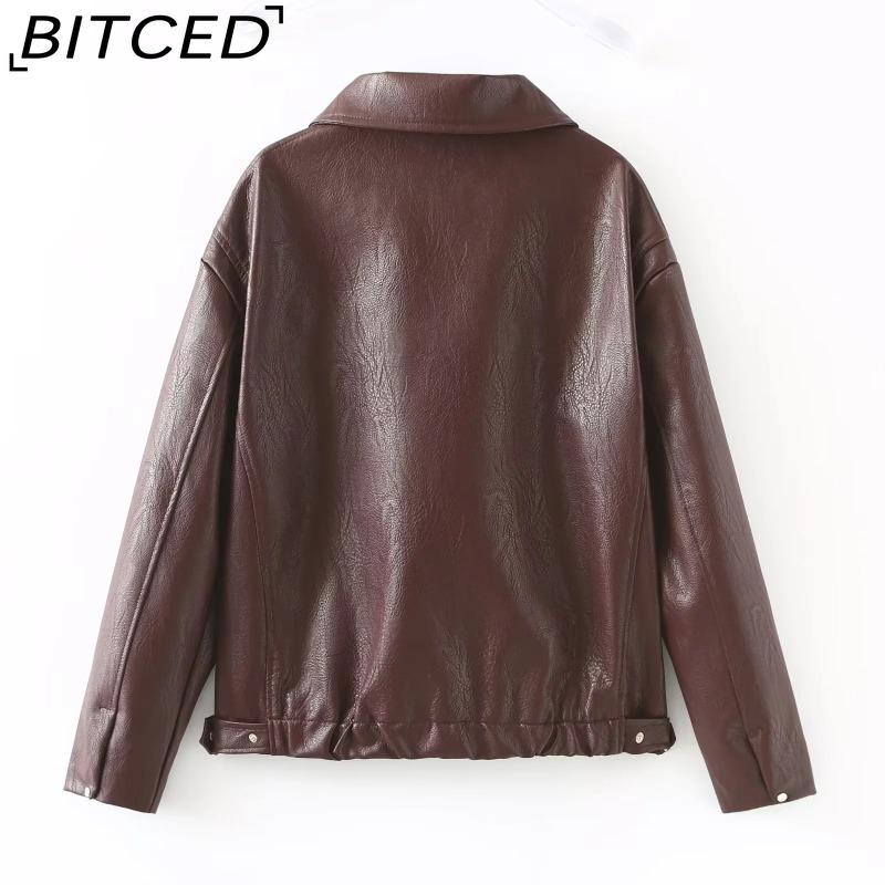 BITCED Women's Leather Jacket Leather Coat Casual Lapel Retro-inspired Loose-fit Top