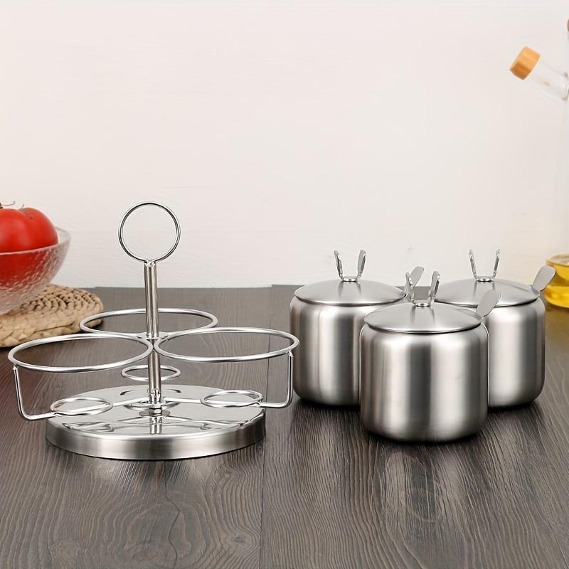 Stainless Steel Seasoning Jar Set with Spoon Spice Container with Swivel Base Salt Sugar Condiment Pot Kitchen Accessories