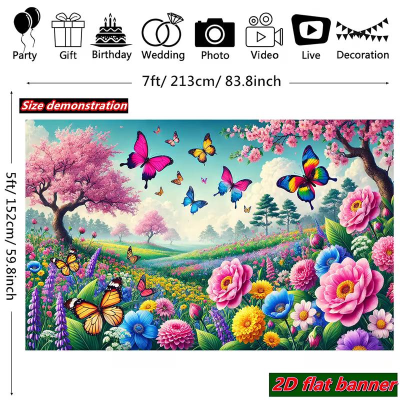 Fröhlicher Frühlingswiesen-Banner, Lebendige mehrfarbige Schmetterlinge und Blumen unter einem strahlend blauen Himmel, Verspielte Frühlings-Wandkunst
