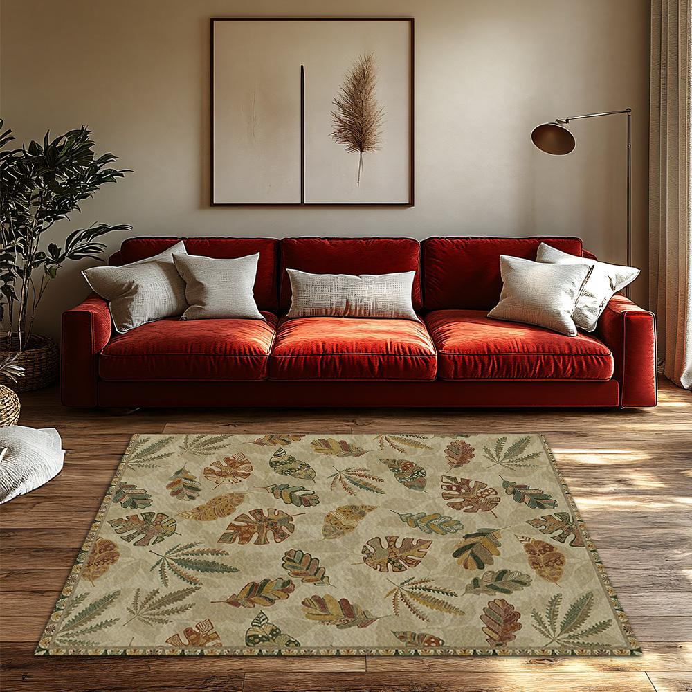 Leaf Pattern Bohemian Area Rug, Natural Tone Non-Slip Carpet, Cozy Living Room Mat for Plant Theme Decor