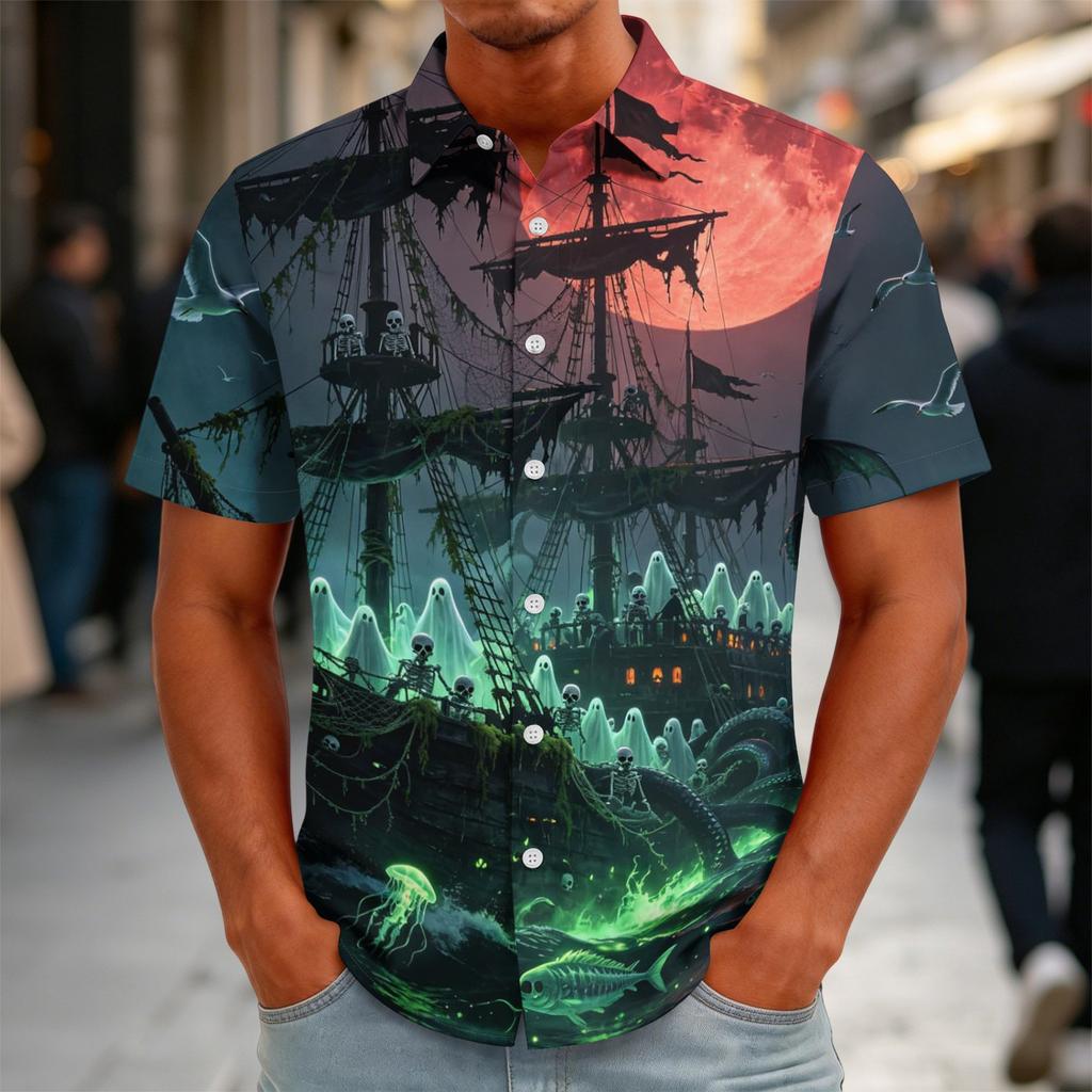 Herren Halloween Print Vintage Textur Hemd Knopfleiste Locker Atmungsaktiv Sommer Sport Street Lässig Tägliches Oberteil